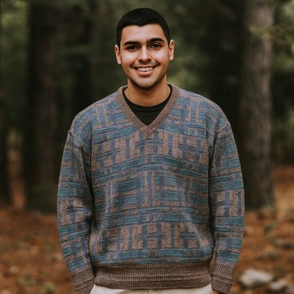 Jantzen Vintage Sweater Men’s L Geometric Pattern Taupe Blue Teal Knit Pullover - Picture 3 of 7